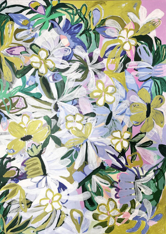 Colorful floral pattern with various flowers on a multicolored background