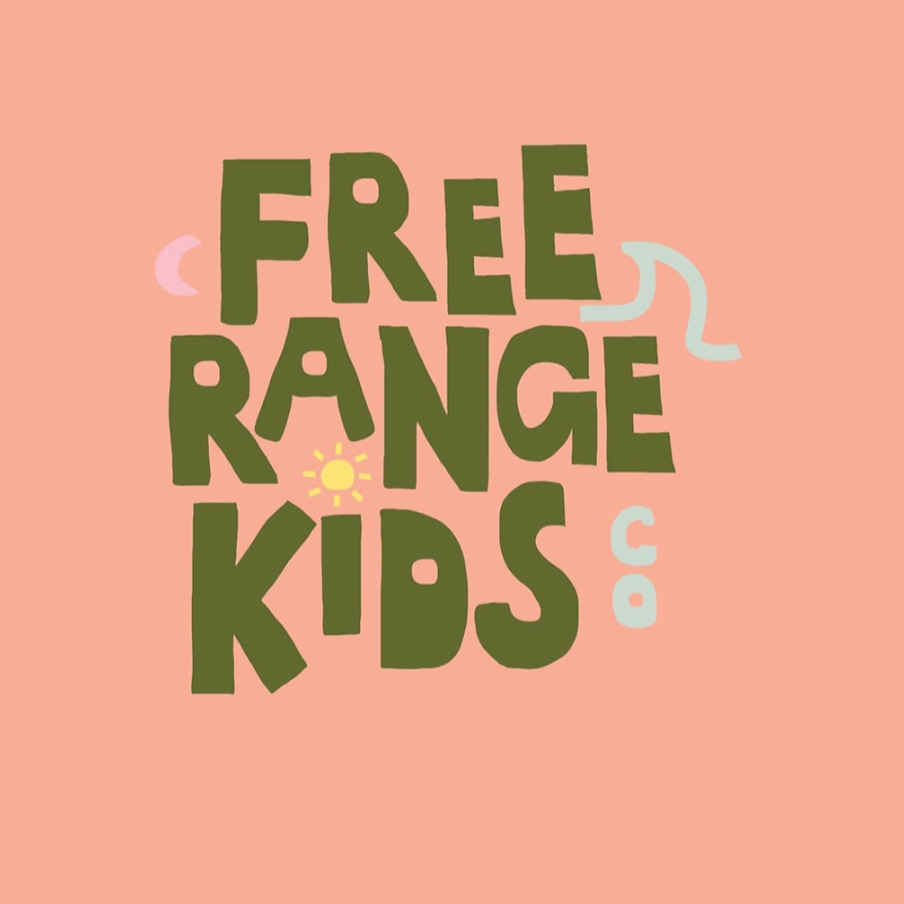 Text 'FREE RANGE KIDS' on a pink background with decorative elements.