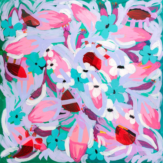 Colorful abstract pattern with flowers and leaves on a green background