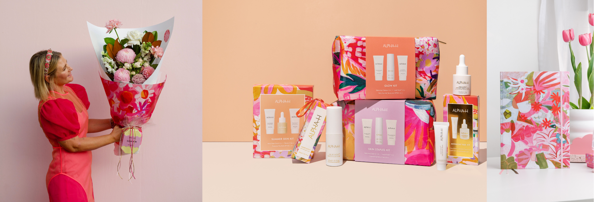 Woman holding a bouquet of flowers, boxes with floral designs, and skincare products on a peach background.