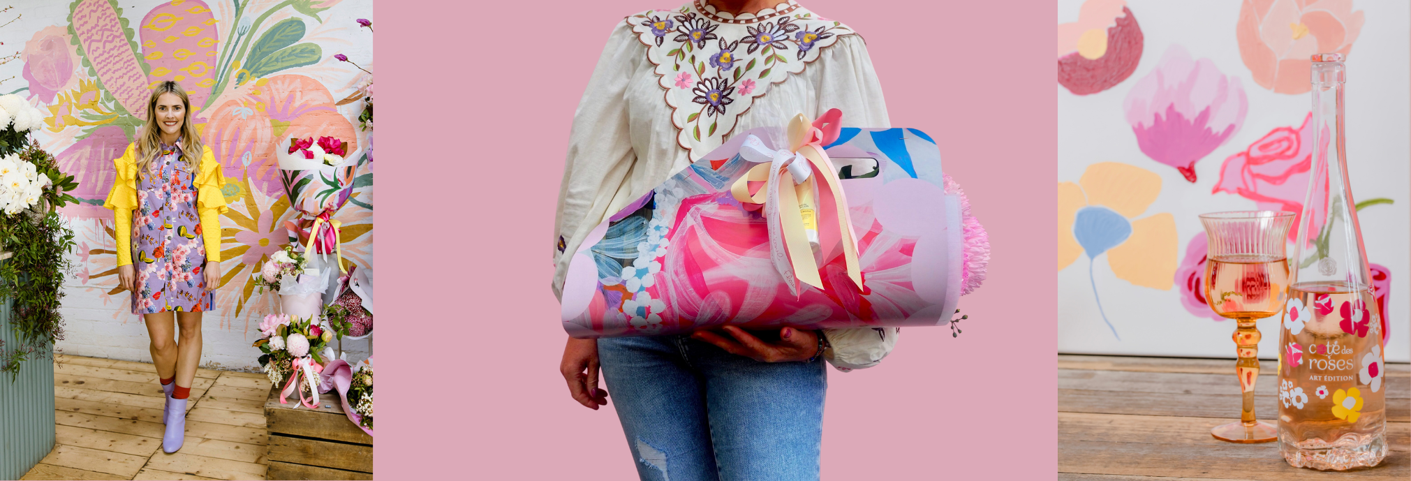 Woman holding a colorful bouquet and a bottle of wine with a floral background
