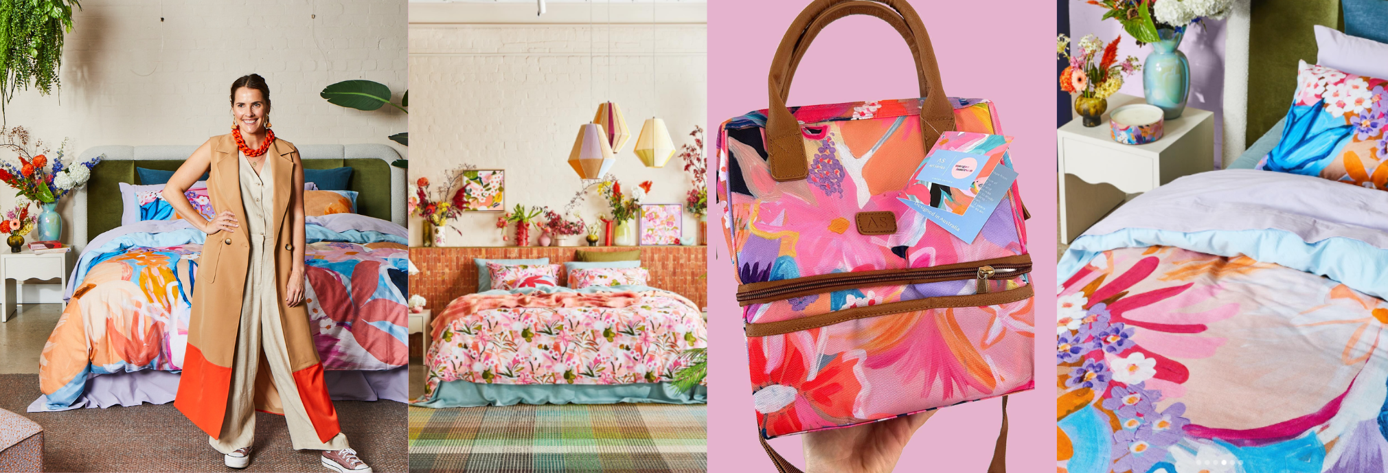 Colorful bedding and handbag with floral patterns in a home decor setting.