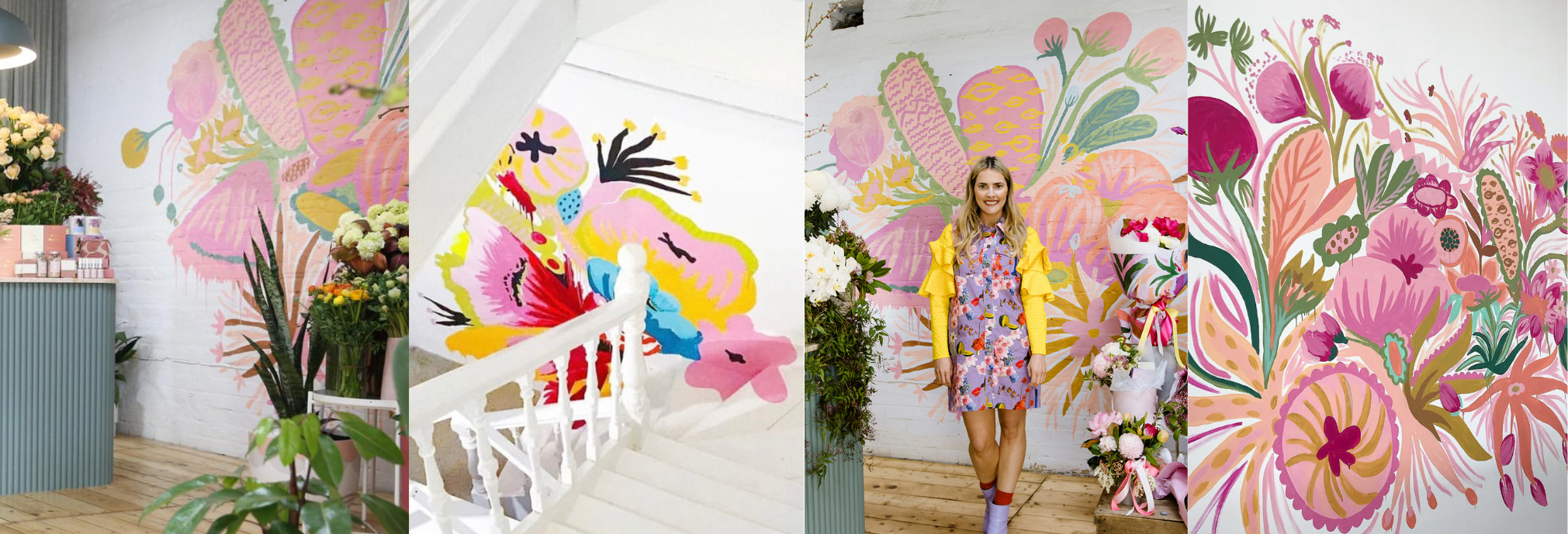 Collage of a woman in a colorful dress standing in front of a floral wall mural.