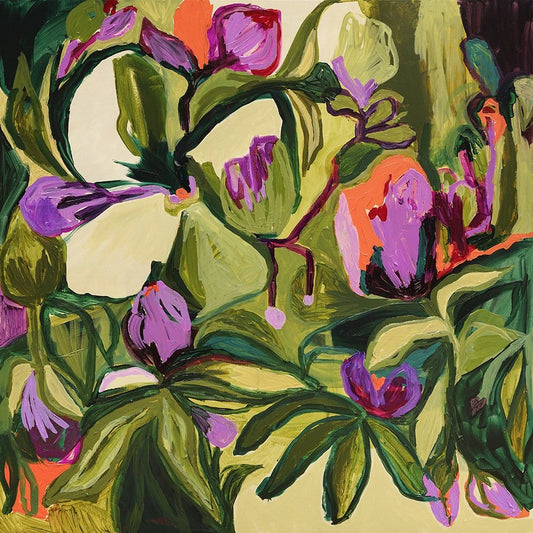 Colorful abstract painting with flowers and leaves